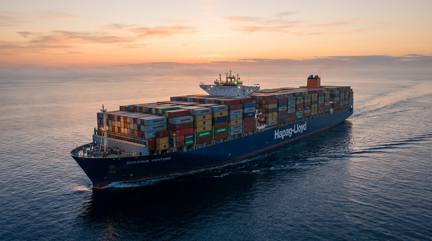 Massive container vessel navigating calm international shipping waters at dawn