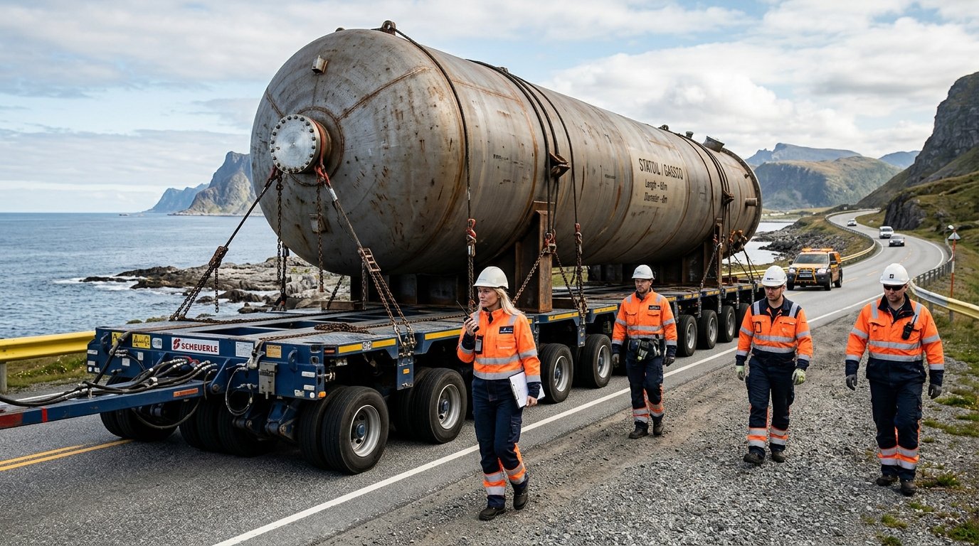 Heavy project cargo transport carrying industrial refinery vessel